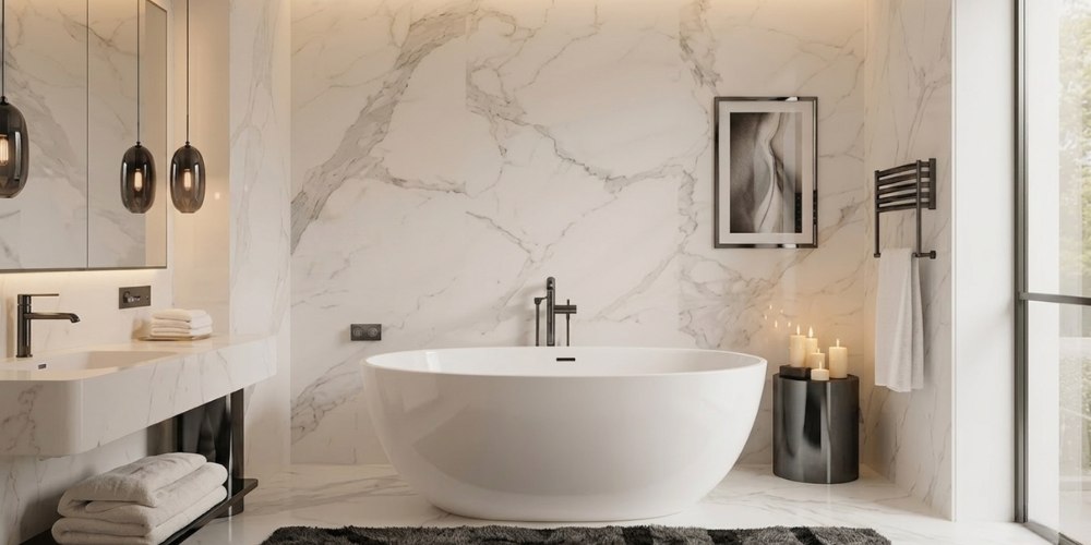 A modern luxury bathroom featuring a white freestanding soaking tub