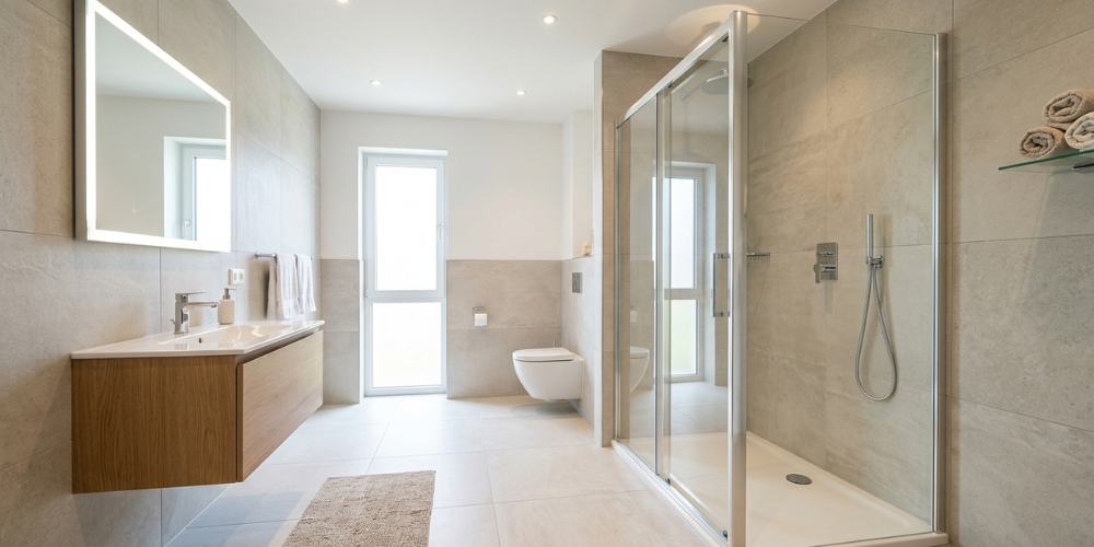 A spacious modern bathroom featuring an acrylic enclosed walk-in shower
