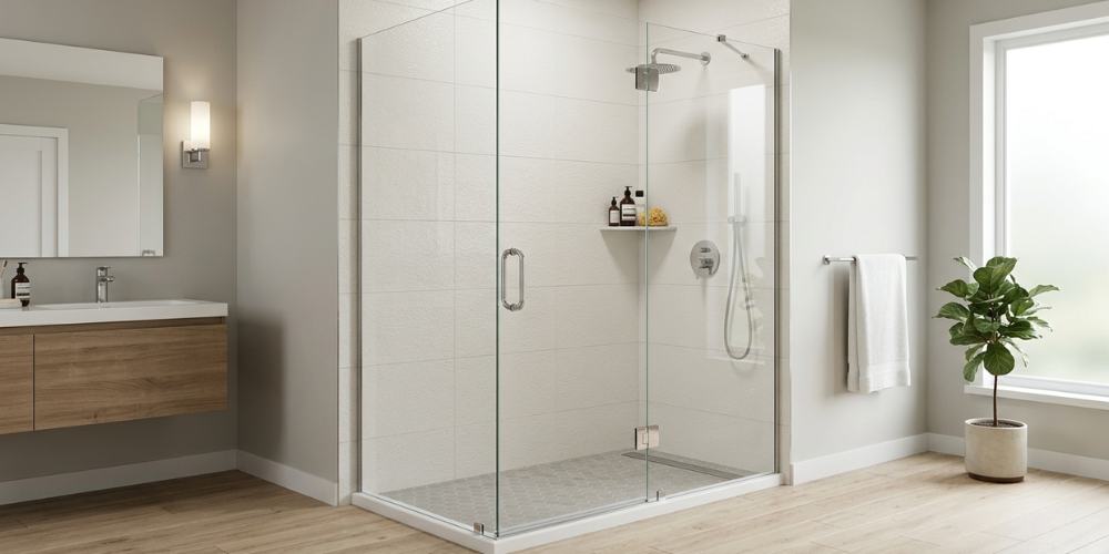A bright bathroom showcasing a frameless acrylic shower enclosure
