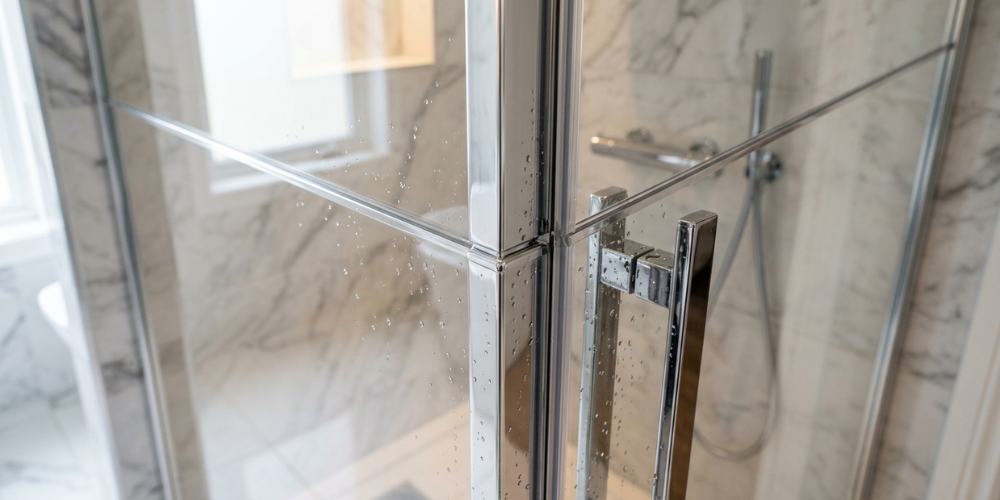 water droplets on a chrome-framed acrylic shower door