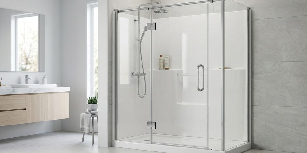 A contemporary bathroom displaying an acrylic shower enclosure