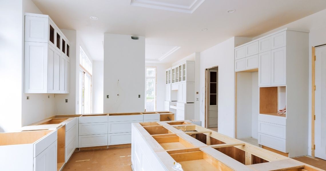 A bright, spacious residential kitchen under construction in Fairfield county