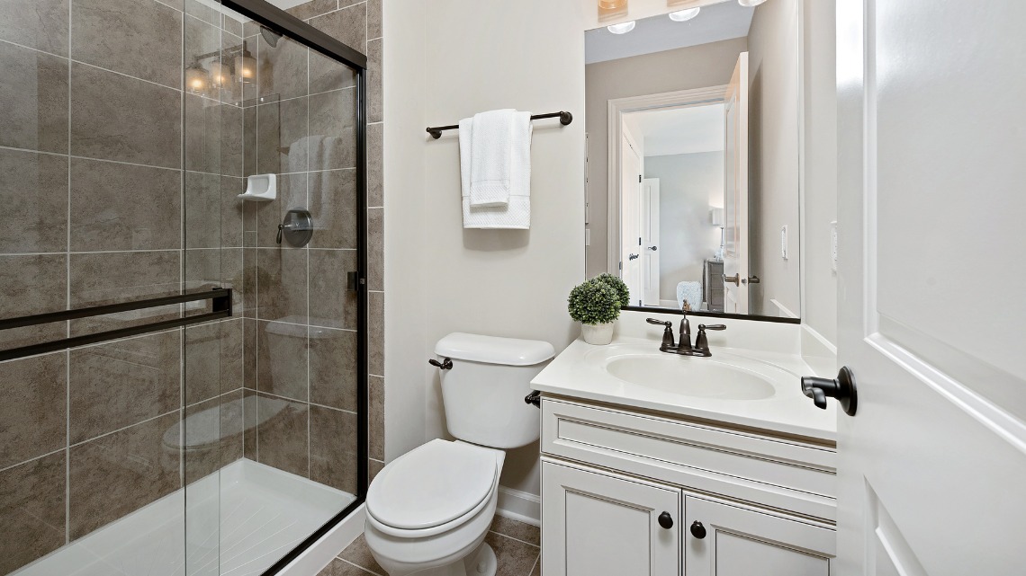 A compact bathroom featuring a glass-door walk-in shower, white toilet, and single vanity cabinet