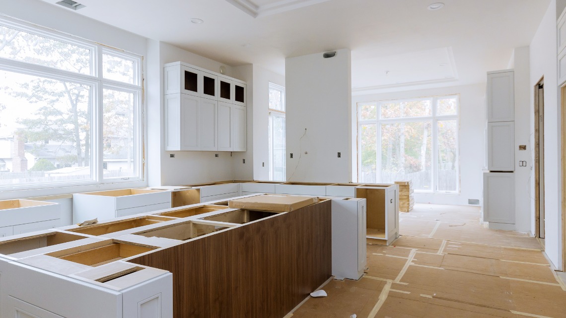 open-concept kitchen under construction