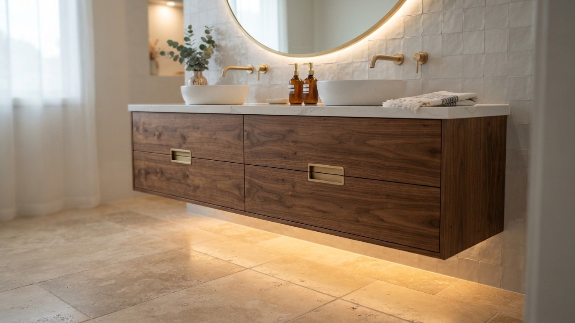 custom walnut floating bathroom vanity