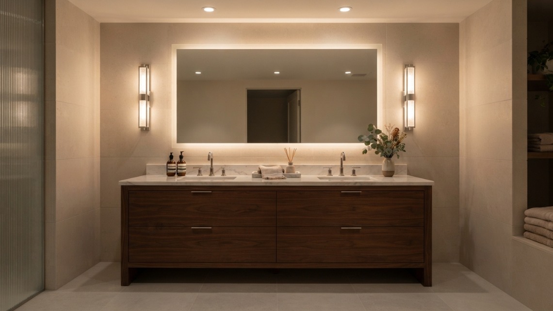 luxury bathroom double vanity with vertical nickel sconces