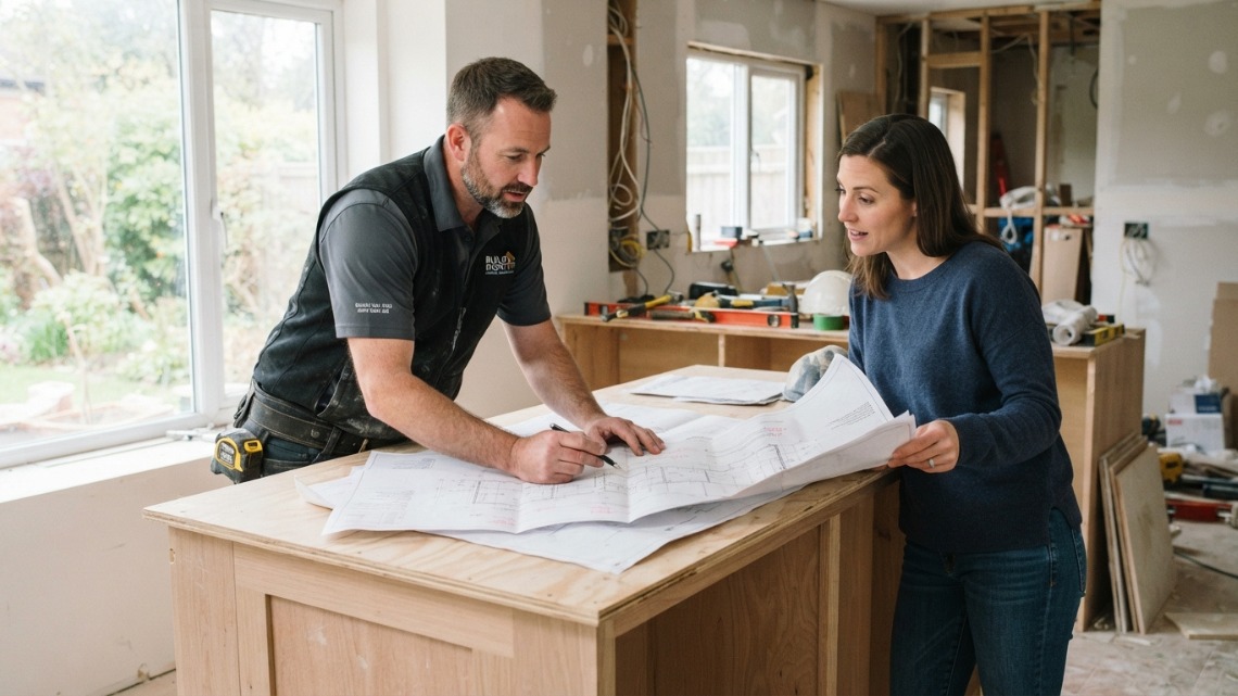 general contractor and homeowner reviewing large architectural plan