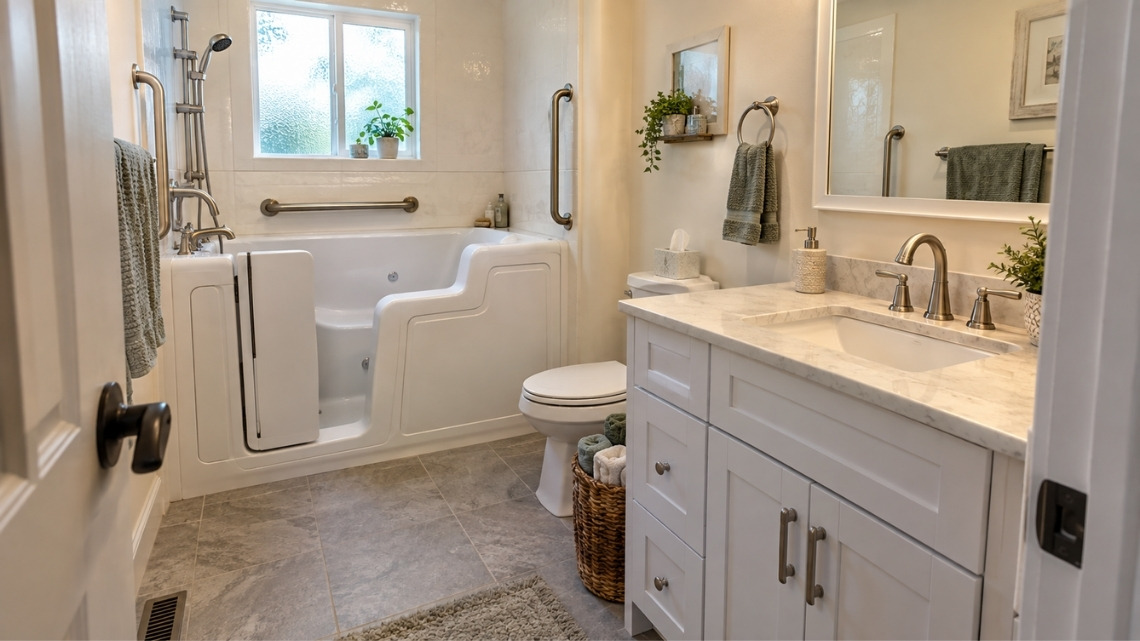 Brightly lit accessible bathroom featuring a white walk-in bathtub with a door