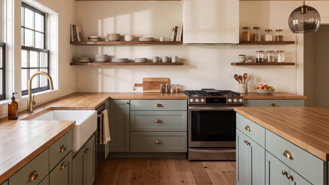 modern farmhouse kitchen featuring sage green shaker-style cabinets