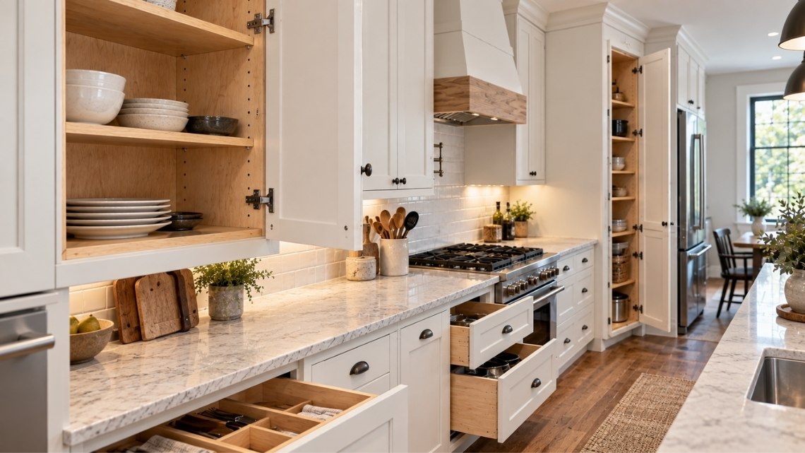 full run of custom cabinetry with plywood cabinet boxes,