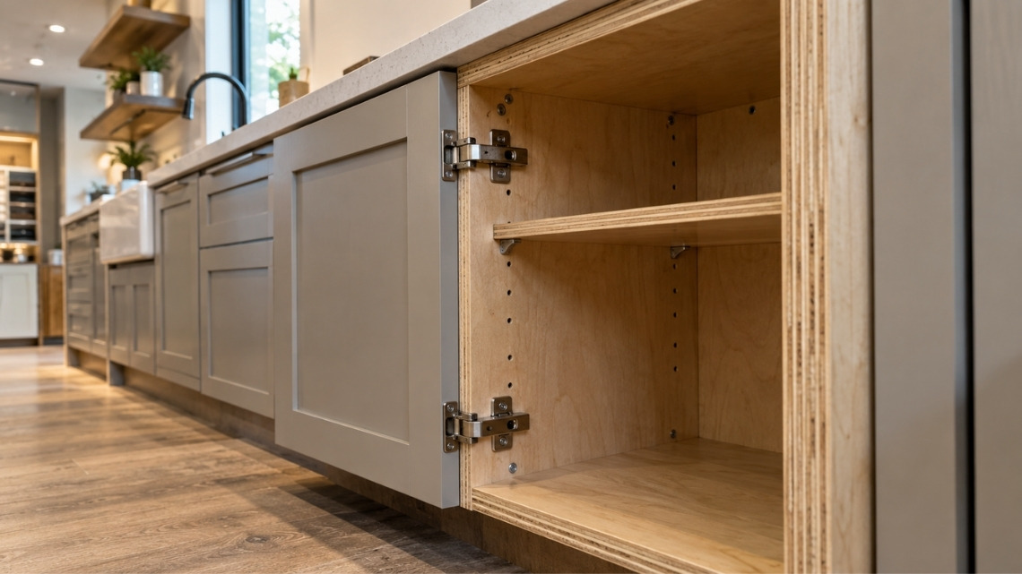 plywood cabinet box shown from a partially open angle