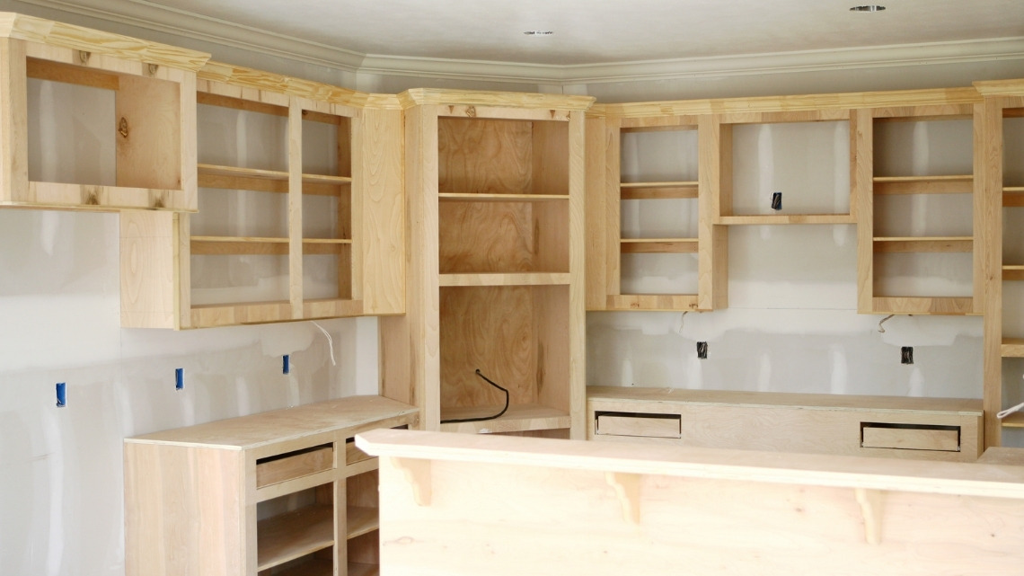 natural wood kitchen cabinets installed