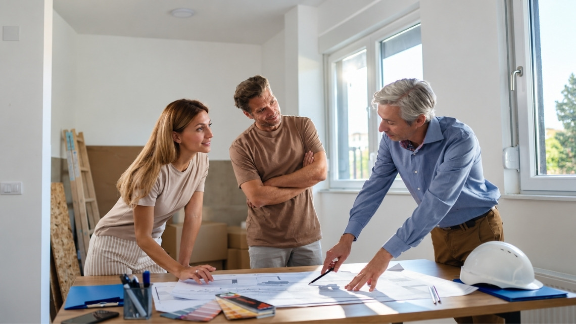 contractor leans over a wooden table to explain a set of architectural blueprints